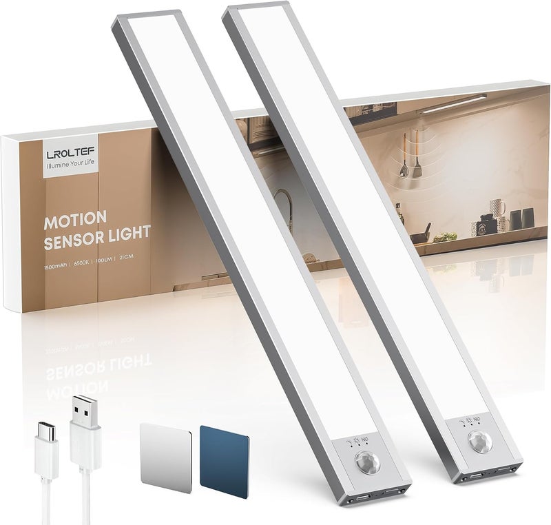 LROLTEF Under Cabinet Kitchen Light, Motion Sensor Dimmable 8.3 inch 1500mAh 6500K Rechargeable LED Under Counter Wardrobe Lights for Indoor Kitchen Shelf Stairs Closet 2 Pack - Image 1